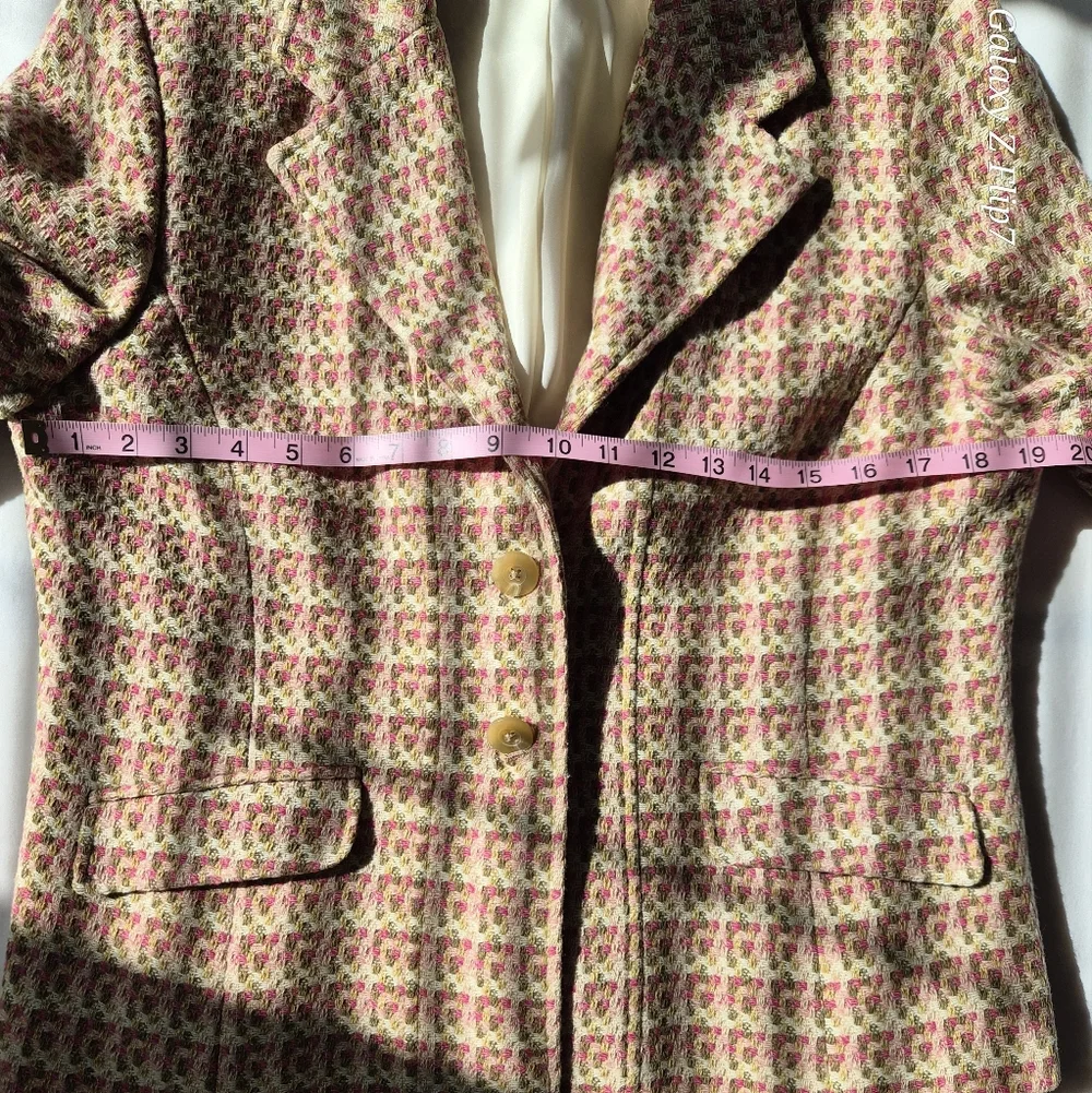 ​Vintage-Inspired Pink & Sage Green Textured Tweed Blazer - Single Button 14P - Picture 4 of 8